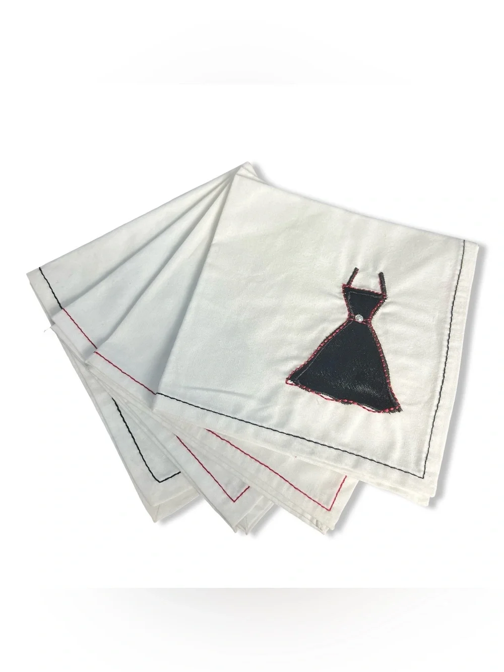 Set Of 4 Embroidered Fashion Motif Cotton Cloth Cocktail Napkins White Black Red